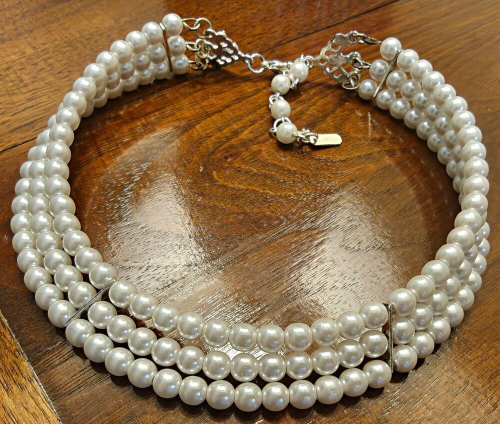 White Faux Pearl 3-Strand Layered Choker Necklace Silver Tone Box Clasp